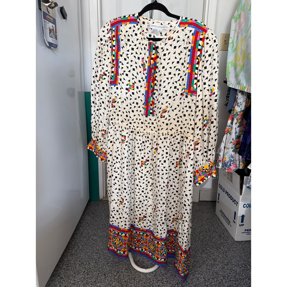 Anne Crimmins for Umi Collections Vintage 100% Silk Geometric Midi Dress Size 16